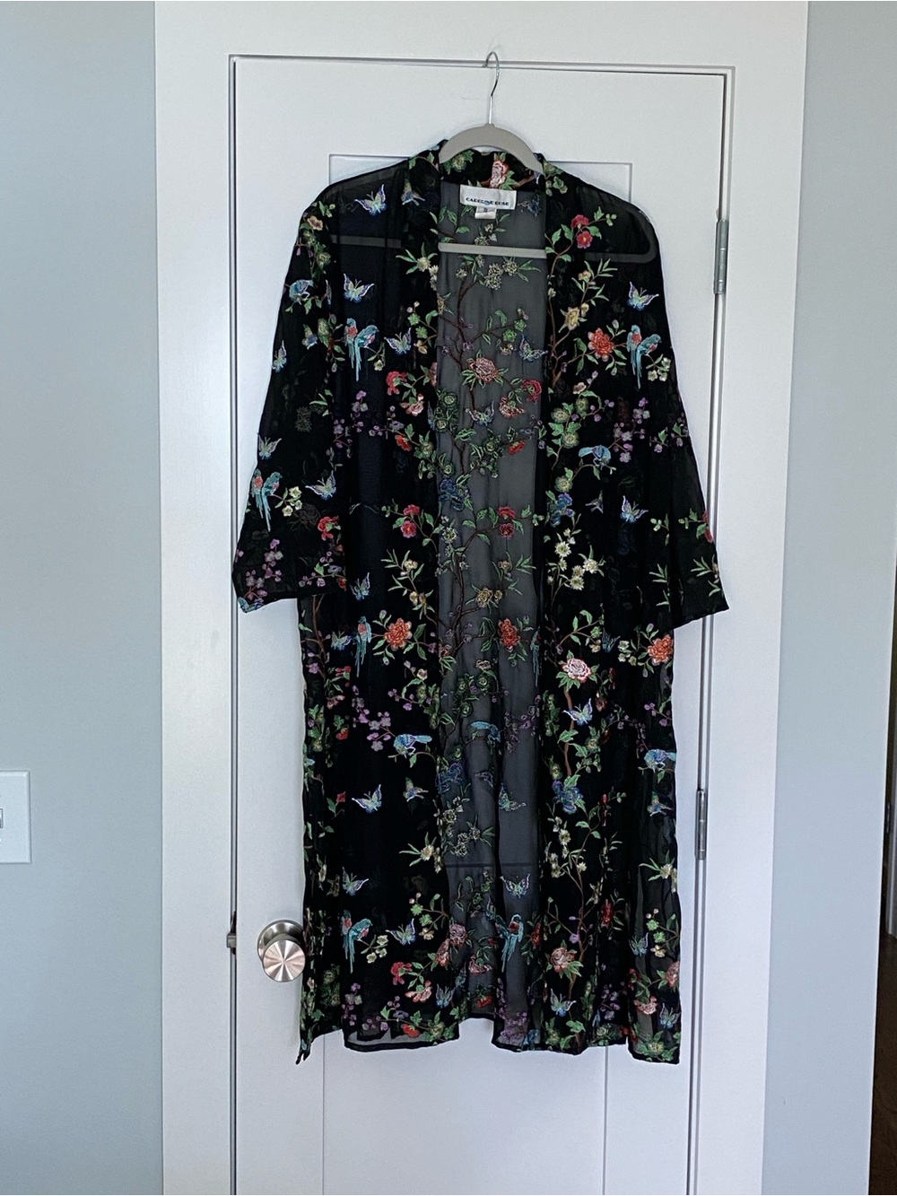 Black Floral Embroidered Sheer Kimono Jacket